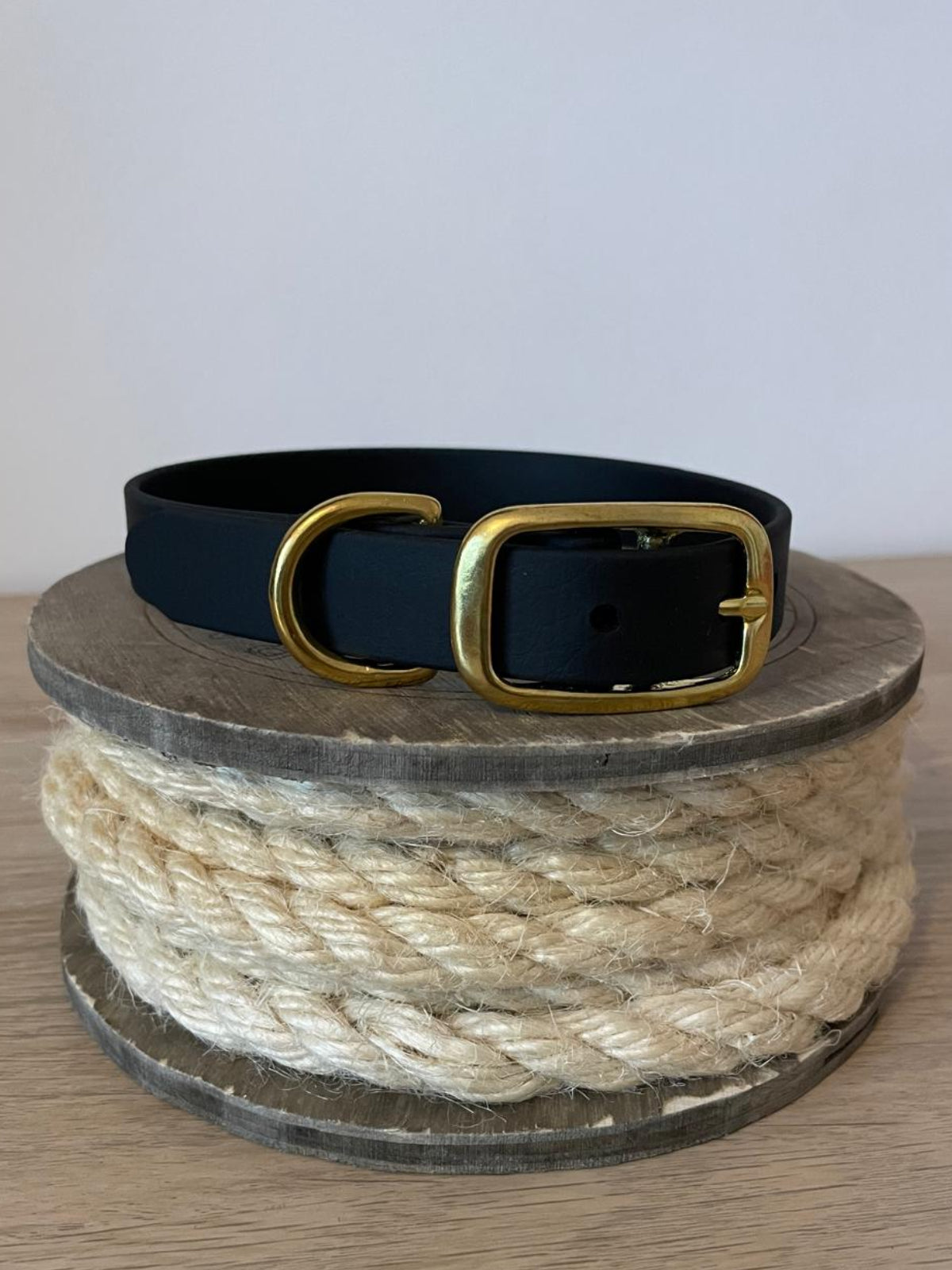 Classic black medium biothane dog collar with brass hardware 