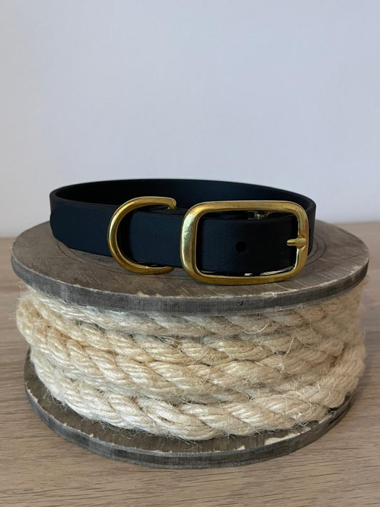 Classic black medium biothane dog collar with brass hardware 