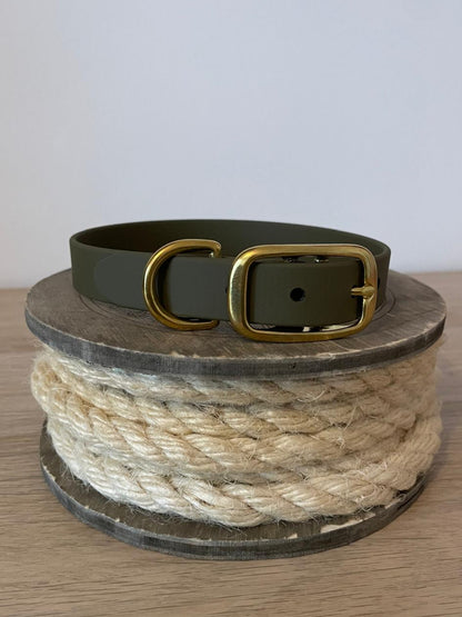 Khaki green medium biothane dog collar with brass hardware