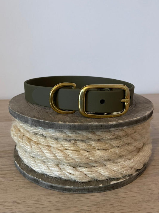 Khaki green medium biothane dog collar with brass hardware